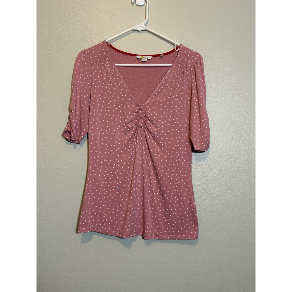 Boden Pink Polka Dot Top Tee Short Sleeve Shirt Women's Sz 8 V Neck Lightweight